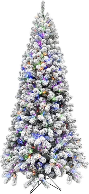 Photo 1 of Fraser Hill Farm 12-Ft. Alaskan Pine Flocked Artificial Christmas Tree with Dual Multicolor & Warm White LED Lights and Stand, Prelit Foldable Fake Tree with Realistic Snowy Foliage for Home Decor
