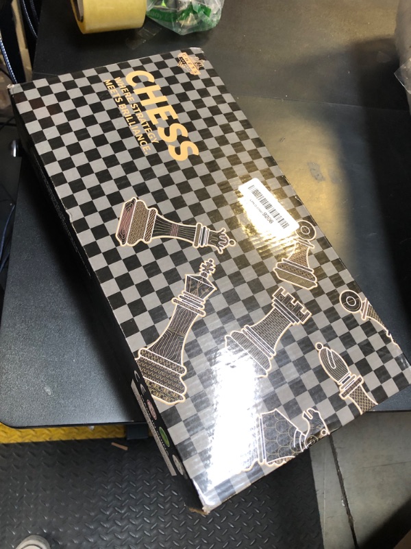 Photo 1 of Metal Chess Set and Checkers Game Set 15 inch(2 in 1) Chess Board Games for Adults Kids Metal Chess Pieces & Portable Folding Wooden Chess Board Travel Chess Sets Metal Chess Pieces with Storage Box