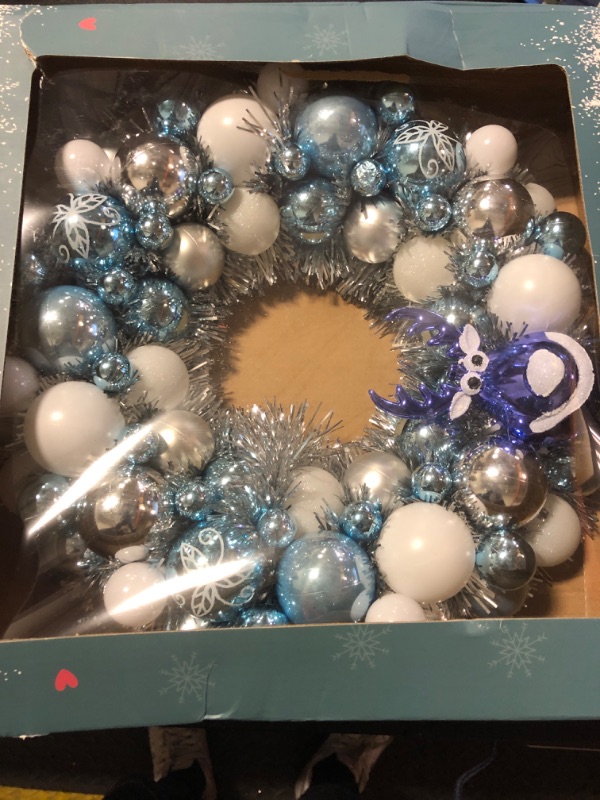 Photo 2 of 13.78 Inch Christmas Ball Wreath Ornaments, Christmas Garland with Deer, Shatterproof Xmas Hanging Decoration for Door Wall Mantel Holiday Party Decor (Blue White Silver)