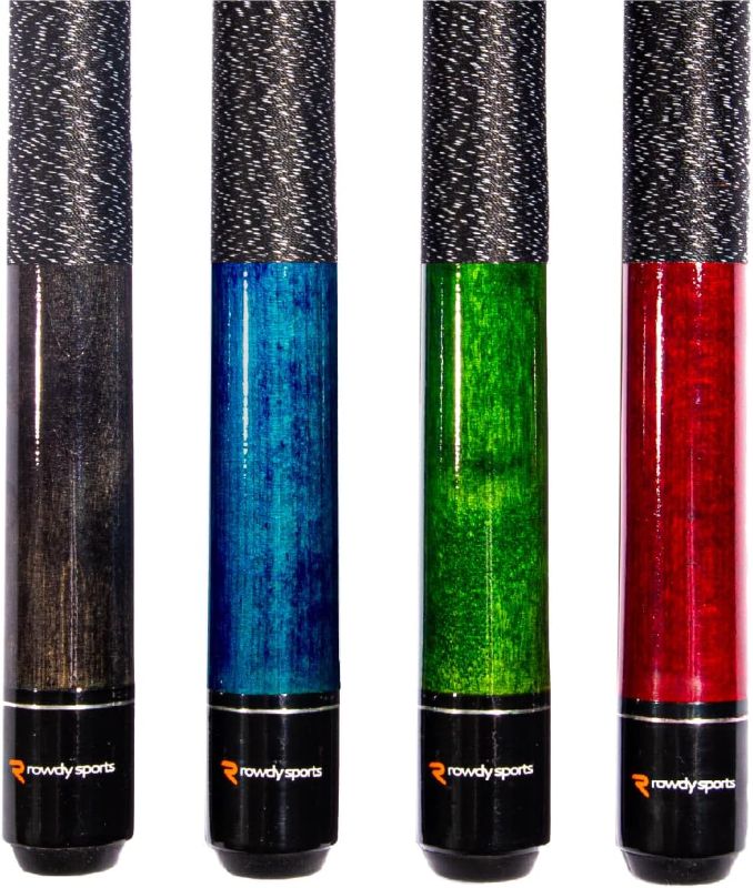 Photo 1 of Ash Wood Pool Sticks Set of 4-57 inch 20oz Wooden Pool Cue Stick - House Bar Billiard Cue Sticks - 13 MM Genuine Leather Tips Pool Cues with Beautiful Colors- Black, Blue, Green & Red
