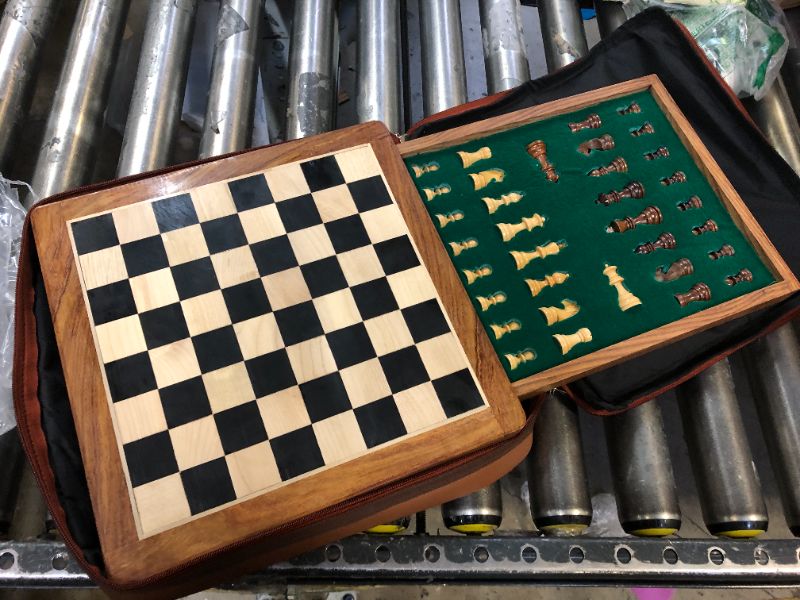 Photo 2 of 12" Non Folding Magnetic Ebony & Golden Rosewood Chess Set with Leather Bag (Chess Set Without Algebraic Notation)