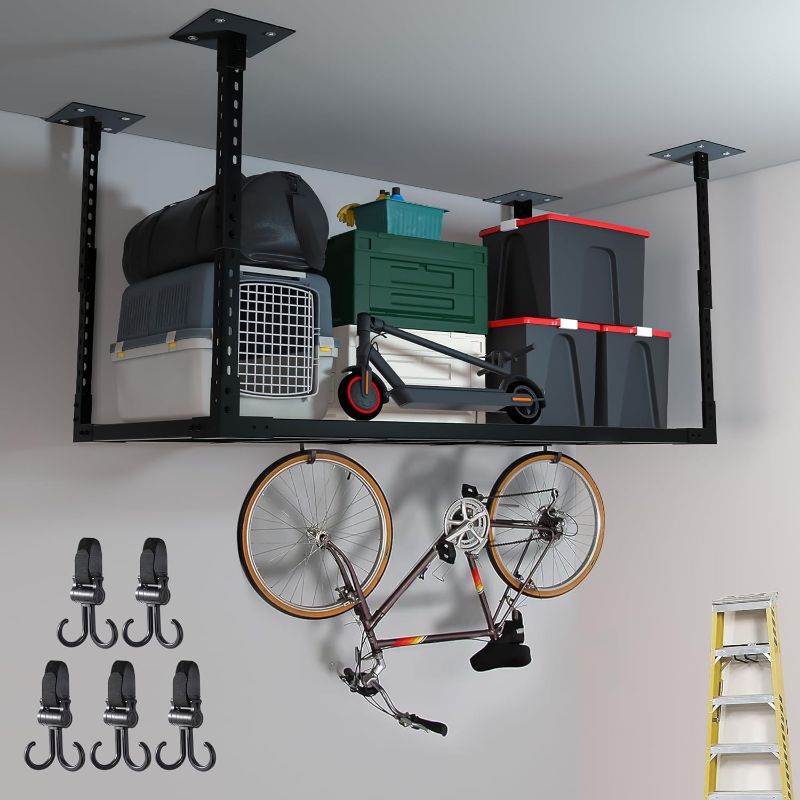 Photo 1 of 2×4' Overhead Garage Storage Rack, Adjustable Garage Ceiling Storage Racks, Heavy Duty Garage Shelving, Garage Hanging Storage Racks with A Load Capacity of up to 1100 Lbs, Black. (Bottomless)