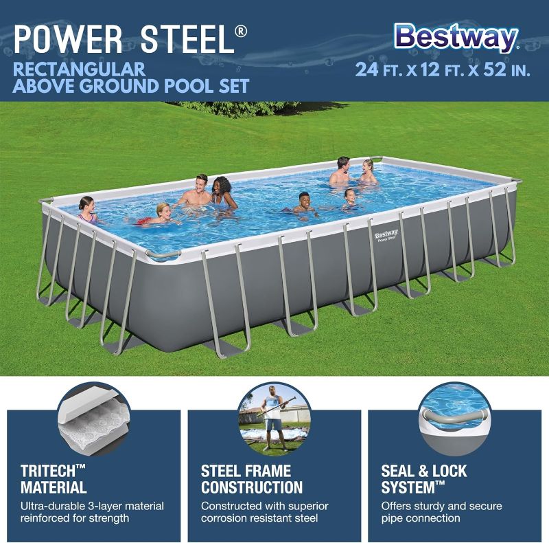 Photo 1 of Bestway 24' x 12' x 52" Rectangular Above Ground Pool Set with 1500 GPH Pump, Ladder, Cover and PoolRX+ 7.5k-20k Gallon Algaecide
