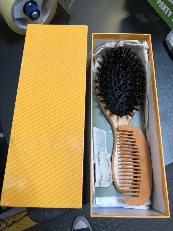 Photo 2 of 100% Boar Bristle Hair Brush for Women Set by Belula (L Size). Soft Natural Bristles for Thin and Fine Hair. Wooden Comb, Travel Bag and Spa Headband Included!