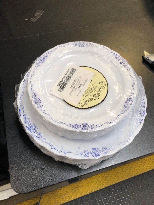 Photo 1 of Exquisite Victorian Plastic Plates 80 Piece Plastic Disposable Plates for Party Set For 40 Guests 40 X 7.5 inch Dessert Plates & 40 X 10.25 Inch Plastic Plates Disposable Heavy Duty White & Navy