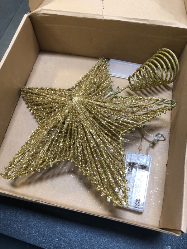 Photo 1 of Christmas Tree Topper 10" Golden Glittered Star Tree Topper with 20 LED Lights Xmas Tree Topper Star for Xmas Decorations Ornaments Holiday Party Indoor Decor