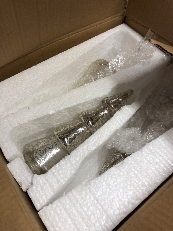 Photo 1 of LOYIM 6 Pcs Mercury Glass Christmas Tree Silver Plate Glass Tree Figurines with LED Fairy Lights 11 In Tall Silver Finish Light up Christmas Tree Ornaments Holiday Table Centerpiece Tabletop (Elegant)