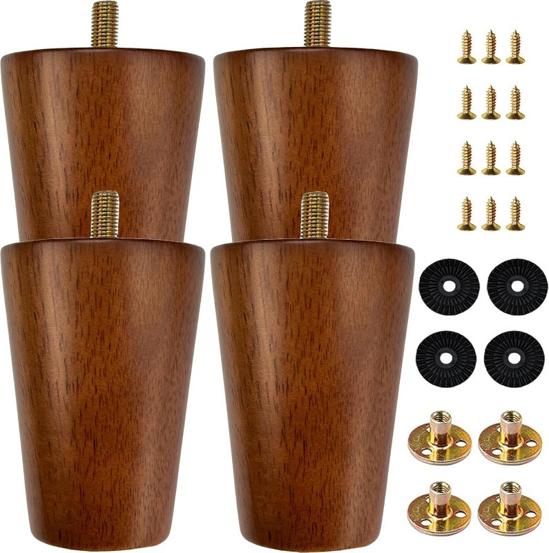 Photo 1 of 4 inch Wood Furniture Legs Walnut Color Straight Round Couch Legs Dresser Cabinet Vanity Ottoman Sofa Mid Century Modern Solid Rubber Wood Replacement Legs Set of 4
