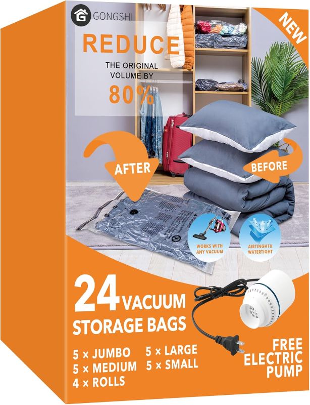 Photo 1 of 24 Pack Vacuum Storage Bags with Electric Pump, (5 Jumbo, 5 Large, 5 Medium, 5 Small, 4 Roll Up Bags) Space Saver Bag for Clothes, Mattress, Blanket, Duvets, Pillows, Comforters, Travel
