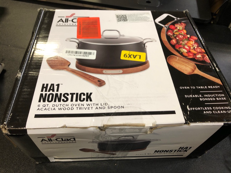 Photo 1 of All-Clad HA1 Hard Anodized Nonstick Dutch Oven with Acacia Trivet and Spoon 4 Piece, 6 Quart Induction Oven Broiler Safe 500F, Lid Safe 350F Pots and Pans, Cookware Black