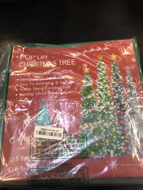 Photo 1 of HMASYO 5 FT Pop Up Christmas Tree with Timer Lights, Blue Tinsel Christmas Tree, Collapsible Artificial Pencil Christmas Tree for Indoor Home Apartment Porch Holiday Party Decorations