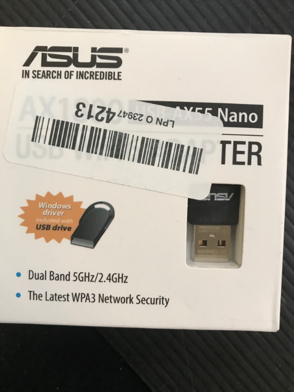 Photo 1 of ASUS AX1800 Dual Band WiFi 6 USB Adapter, WiFi 6, 802.11ax, WPA3 Network Security, 5GHz frequency band, Compact size (USB-AX55 Nano)