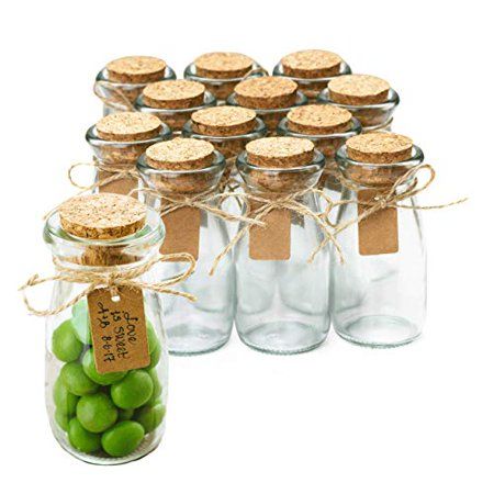 Photo 1 of Small Glass Bottles with Cork - 3.4 Oz Mini Jars with Lids for Party Favors, Set of 12 - Wedding, Apothecary, Spices, Candy Containers