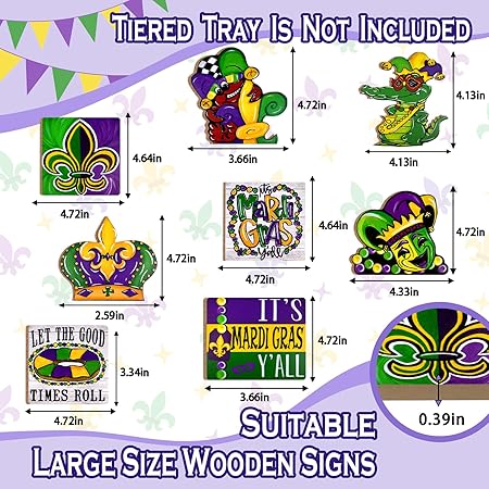 Photo 1 of 13 Pieces Mardi Gras Decor Mardi Gras Tiered Tray Decor Carnival Tier Tray Decorations Mardi Gras Centerpieces for Tables Wood Gnomes Trays Signs with 2 Wood Bases for Home Mardi Gras Party Decoration