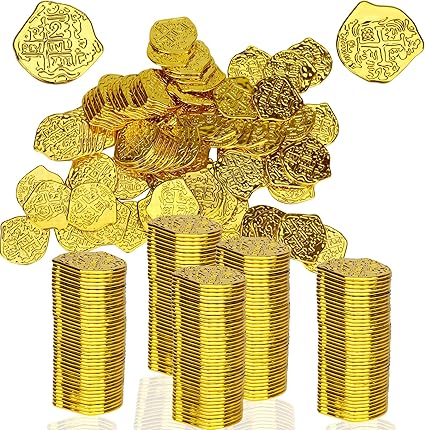 Photo 1 of 100 PCS Pirate Gold Coins Plastic Play Treasure Coins Pirate Treasure Fake Kids Toy Coins Bulk St.Patrick's Coin for Pirate Party Pirate Tokens Coins Toy Irregular Gold
