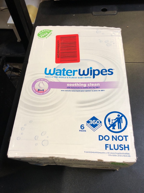 Photo 1 of WaterWipes Soothing Clean Baby Wipes, 99% Water-Based Formula with Botanical Extract to Soothe & Protect Skin, Unscented & Hypoallergenic, 360 Count (6 Packs)