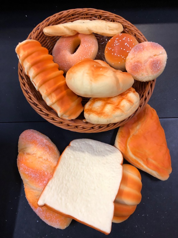 Photo 2 of 13 Pieces, Rattan Woven Basket, Realistic Artificial Toy Bread Assorted Scented Fake croissant Desserts Decoration Toys Small Fake Toast Model Photography Props for Kitchen Home Decoration Crafts