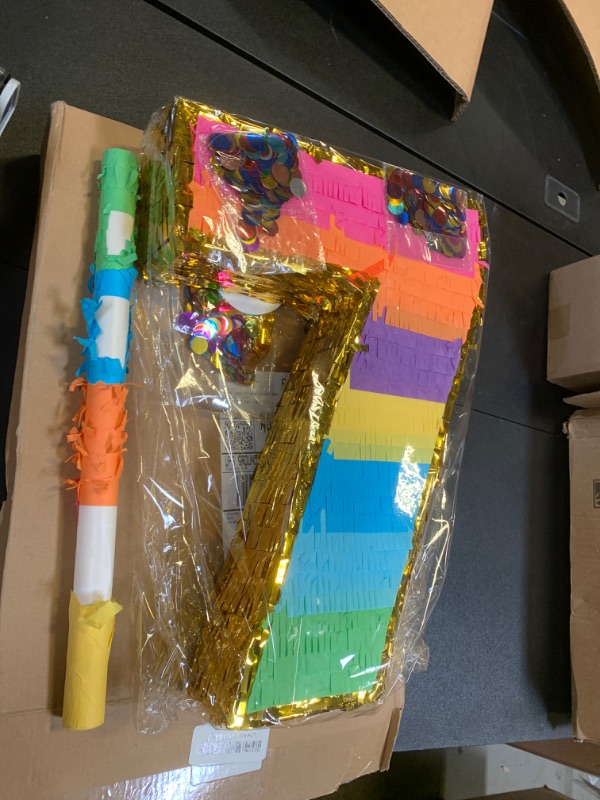 Photo 1 of MUWOOB Rainbow Number 7 Pinata for 7th Birthday Party Decorations, Fiesta, Kids Anniversary Celebration, Birthday Pinata with Stick, Blindfold and Confetti (Small, 16.5 x 11.5 x 3 In)