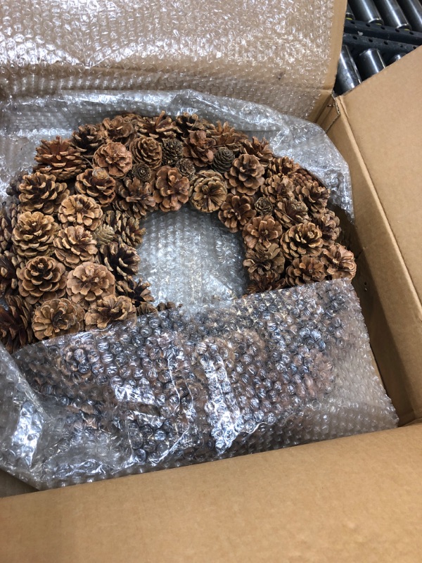 Photo 2 of 18 Inch Fall Front Door Wreath Natural Pinecone Wreath Polyfoam Base Flower Farmhouse Grapevine Wreath Blossom Cluster Wreath for Thanksgiving Celebration Front Door Wall Window Christmas Decor