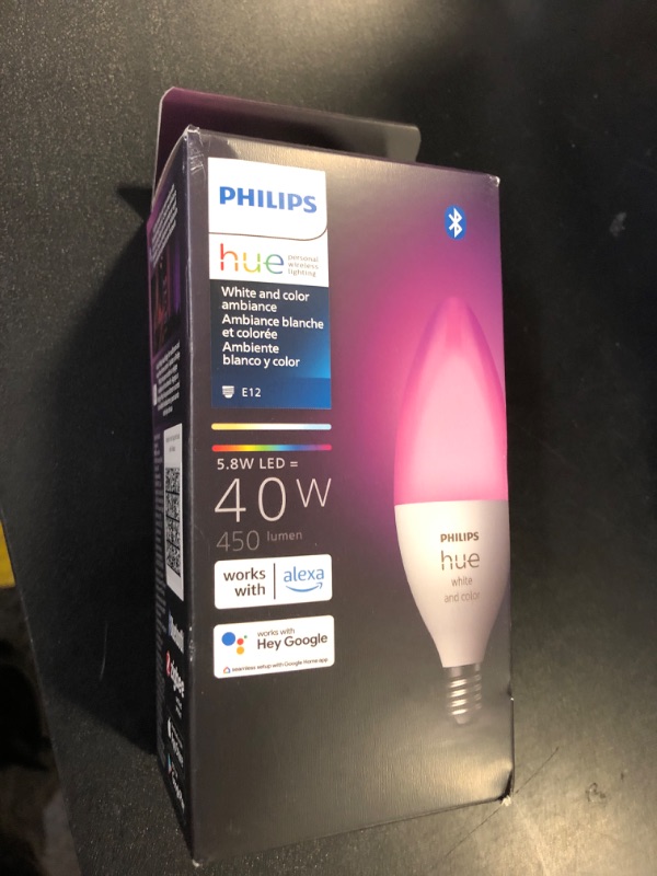 Photo 1 of Philips Hue Smart 40W B39 Candle-Shaped LED Bulb - White and Color Ambiance Color-Changing Light - 1 Pack - 450LM - E12 - Control with Hue App - Works with Alexa, Google Assistant and Apple Homekit