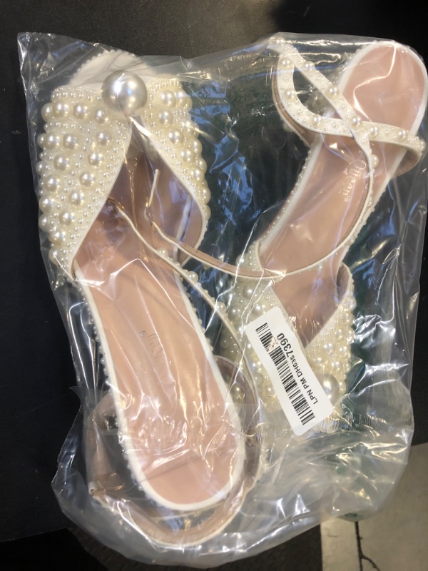 Photo 1 of Crystal Queen 3 Inches Ivory Pearls Block Heel Sandals Chunky High Heels Peep Toe Sandals White Pearls Bridal Wedding Shoes Evening Wedding Sandals Pump Heels For Bride JC07QP5P12-Ivory-42