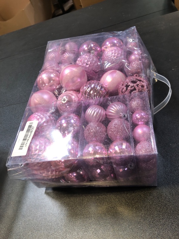 Photo 2 of 100PCS Christmas Ball Ornaments, Assorted Shatterproof Christmas Tree Decorations, Seasonal Decorative Hanging Baubles Decor Set for Xmas/Holiday/Party, Glitter&Painting Ornament Set (Pink)