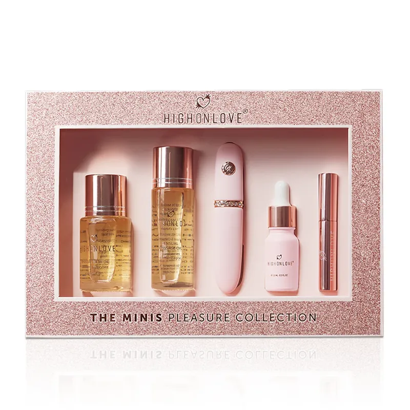 Photo 1 of HighOnLove the Minis Pleasure Collection - Bath Oil , Sensual Massage Oil, Lip Gloss, XO Mini Wand, Stimulating Sensual Oil