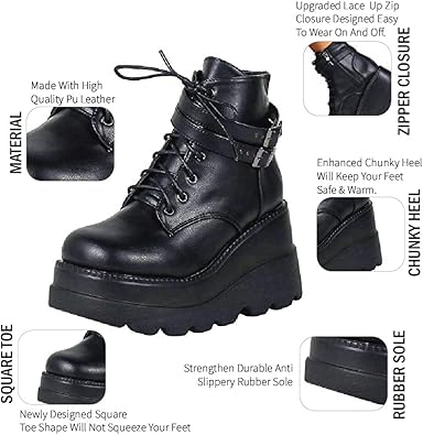 Photo 1 of Size 8.5 CELNEPHO Chunky Platform Boots for Women, Square Toe Lace up Zip High Heel Com-bat Wedge Ankle Boots