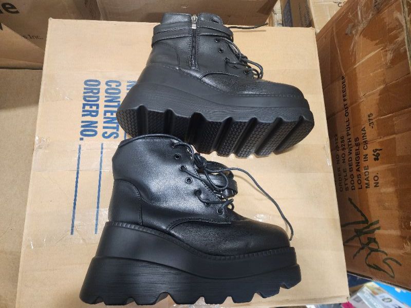 Photo 1 of Size 8.5 CELNEPHO Chunky Platform Boots for Women, Square Toe Lace up Zip High Heel Com-bat Wedge Ankle Boots