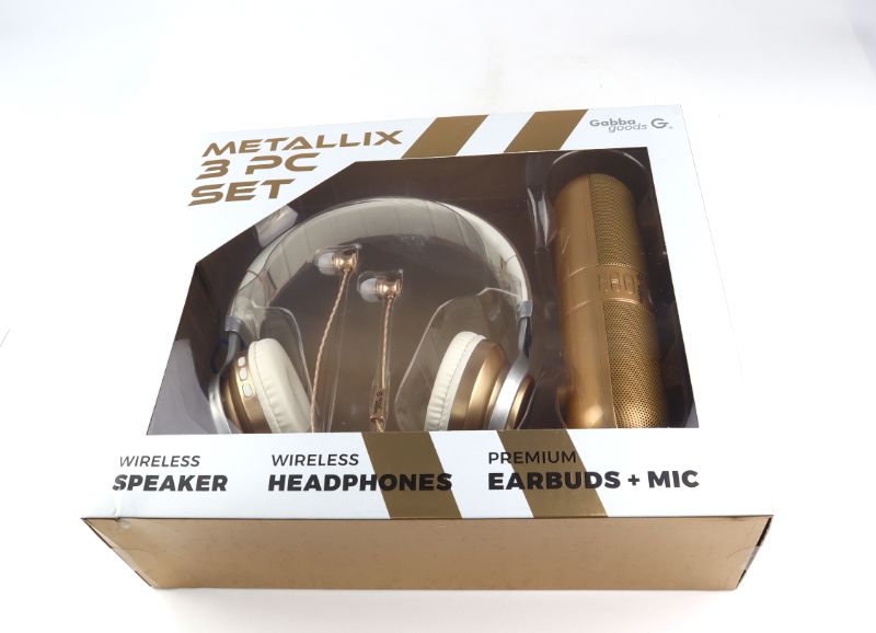 Photo 1 of METALLIX Gold 3 Piece Set 1 Bluetooth Speakers 1 Wireless Headphones & 1 Ear Bud Set With Micro-phone