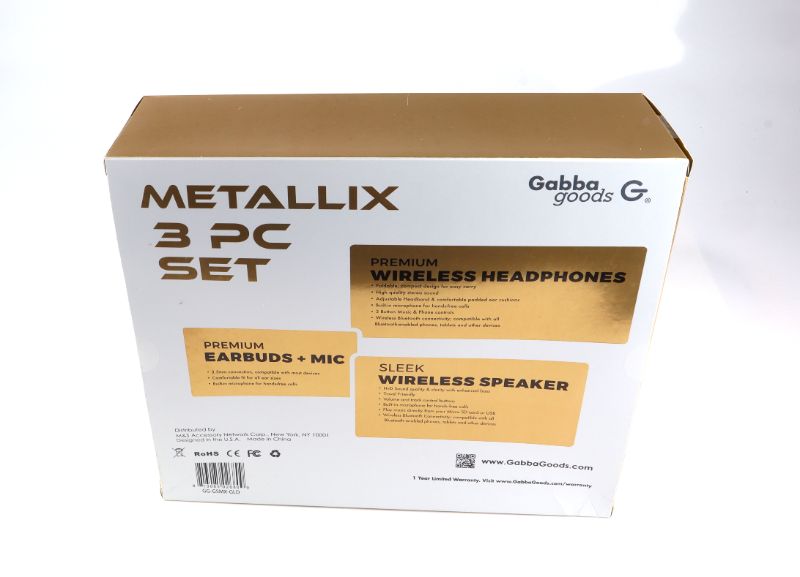 Photo 1 of METALLIX Gold 3 Piece Set 1 Bluetooth Speakers 1 Wireless Headphones & 1 Ear Bud Set With Micro-phone