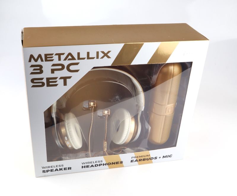 Photo 1 of METALLIX Gold 3 Piece Set 1 Bluetooth Speakers 1 Wireless Headphones & 1 Ear Bud Set With Micro-phone