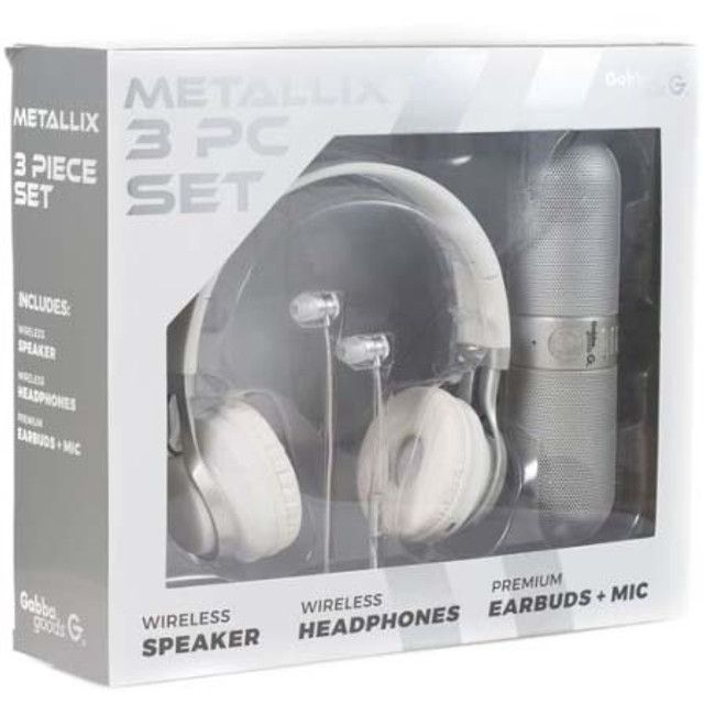 Photo 1 of METALLIX Silver 3 Piece Set 1 Bluetooth Speakers 1 Wireless Headphones & 1 Ear Bud Set With Micro-phone