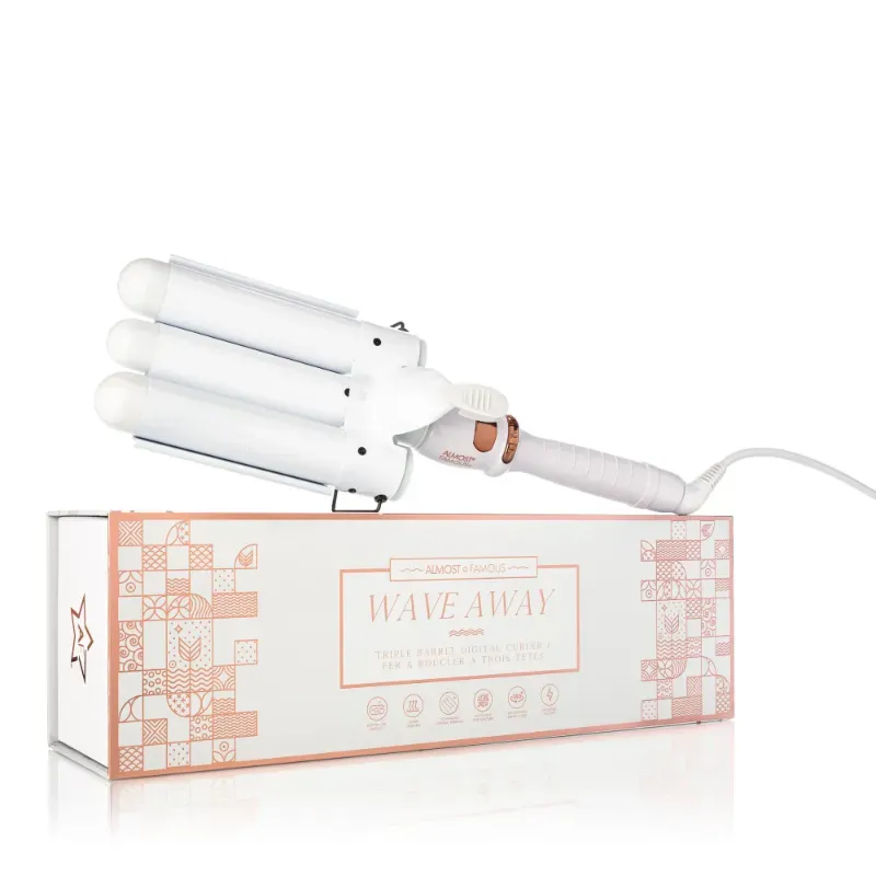 Photo 1 of Wave Away Triple Barrel Curler with Tourmaline Ceramic Barrels 1.25-inch barrels heat up to max temp in just a couple of minutes perfect voluminous beachy waves Japanese Tourmaline 2.4-meter long 360-degree swivel cord 135W Adjustable temperature settings