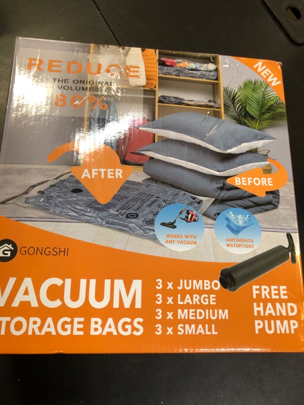 Photo 2 of 12 Pack Vacuum Storage Bags (3 x Jumbo, 3 x Large, 3 x Medium, 3 x Small), Space Saver Sealer Compression Bags with Travel Hand Pump for Blankets, Comforters, Pillows, Clothes Storage