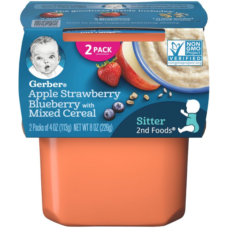 Photo 1 of (Pack of 8) Gerber 2nd Foods Baby Food, Apple Strawberry Blueberry with Mixed Cereal, 2-4 Oz Tubs expires 12-31-2024