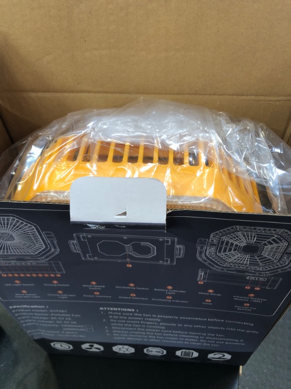 Photo 1 of Orteen Rechargeable 9-Inch Portable Table Fan, 20000mAh Battery Powered Camping Fan with Auto Oscillation, Remote Control, LED Light, Hook - 20000mAh-Yellow