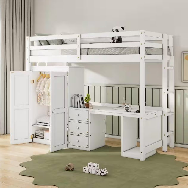 Photo 1 of *BOX 1 AND 2 SET COMPLETE* White Wooden Twin Size Loft Bed with Wardrobe, Desk and 3 Storage Drawers
