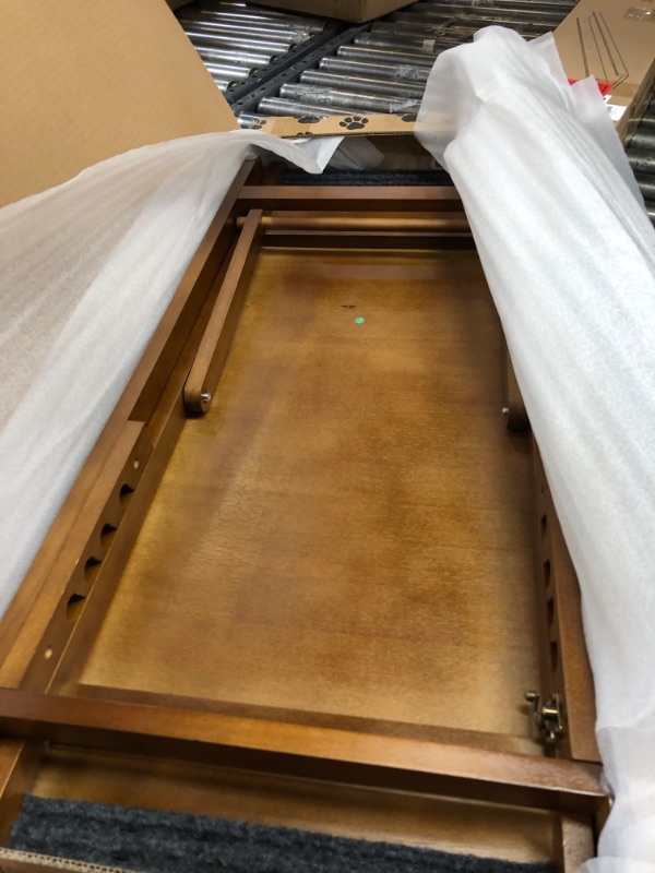 Photo 1 of PATHOSIO Dog Ramp Bed Portable Dog Ramp Couch, Folding Pet Ramp for All Breeds Real Wooden Ramp for Dogs to Get on Bed, Adjustable Dog ramps for Small Dogs (Walnut - Grey Carpet, Small)