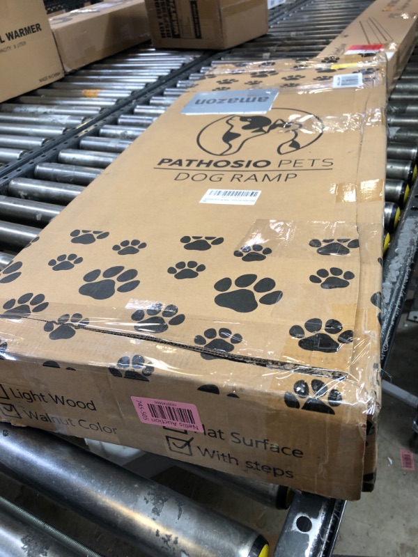 Photo 1 of PATHOSIO Dog Ramp Bed Portable Dog Ramp Couch, Folding Pet Ramp for All Breeds Real Wooden Ramp for Dogs to Get on Bed, Adjustable Dog ramps for Small Dogs (Walnut - Grey Carpet, Small)