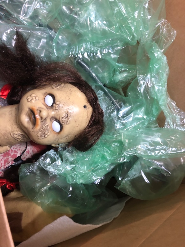 View 2 of JOYIN 3 Ft Halloween Animatronics Rocking Horse Doll, Halloween Decorations with Motion & Light & Sound, Sound Activated Scary Girl Decor for Halloween Party Supplies Haunted House Yard Lawn Outdoor