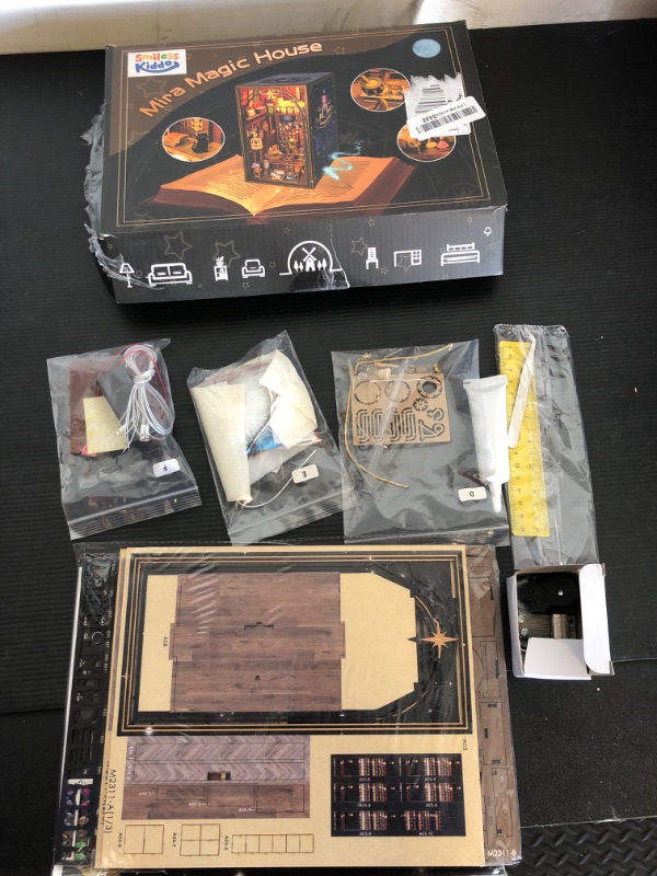 Photo 1 of DIY Book Nook Kit, SMILESSKIDDO 3D Wooden Puzzles Magic House with Gear Drive and LED Lights, Miniature Dollhouse Bookshelf Insert Model Kits for Adults and Teens