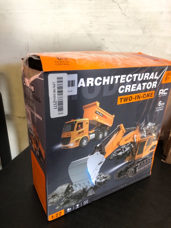 View 2 of Remote Control Excavator and Dump Truck Toy Set - RC Construction Vehicles Toy with Barricades, Road Signs, Simulated Rocks, Lights and Sounds, Birthday Gifts for Toddlers 3-12 year Boys Girls