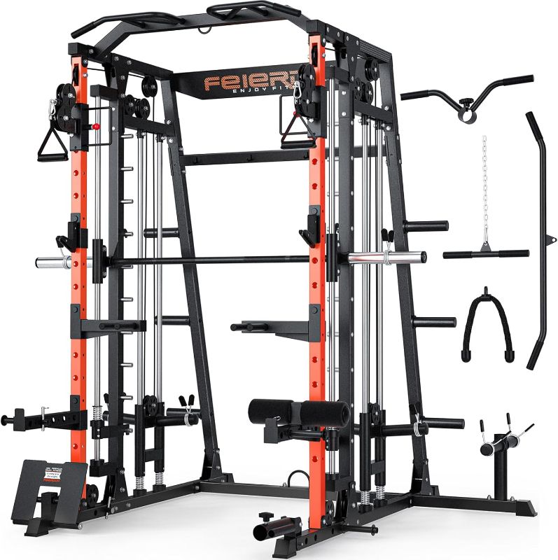 Photo 1 of  ONLY BOX 2 - ONLY BOX 2 - ONLY BOX 2 OUT OF 3 

FEIERDUN Smit Machine Power Cage FOR01, All-in-One Home Gym Squat Rack with Barbell & Solid Limit Rod & Two LAT Pull-Down Systems & Cable Crossover Machine for Home Gym
