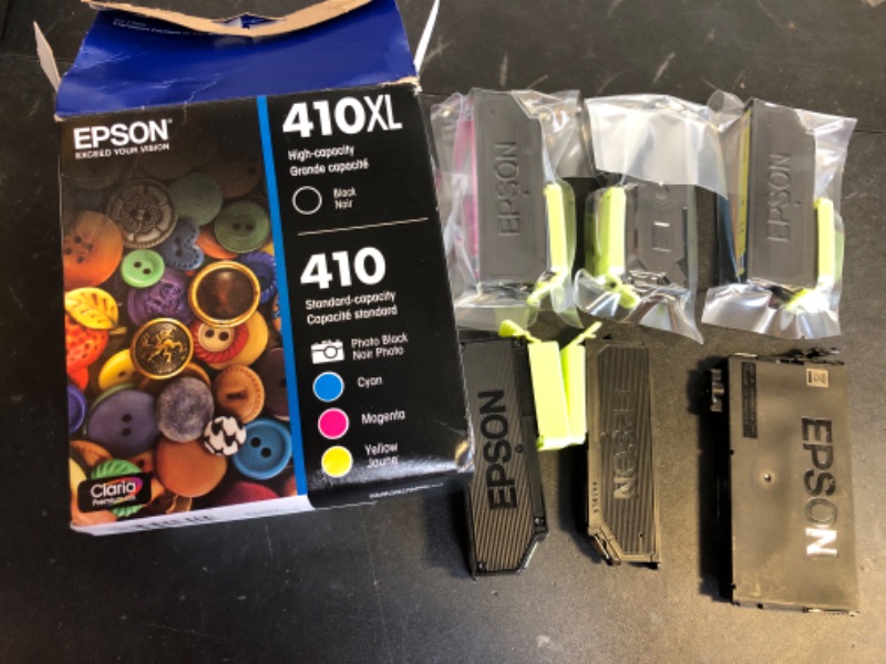 Photo 1 of Epson T410XL/T410 Black High Yield and Cyan/Magenta/Yellow/Photo Black Standard Yield Ink Cartridge, 5/Pack (T410XLBCS)