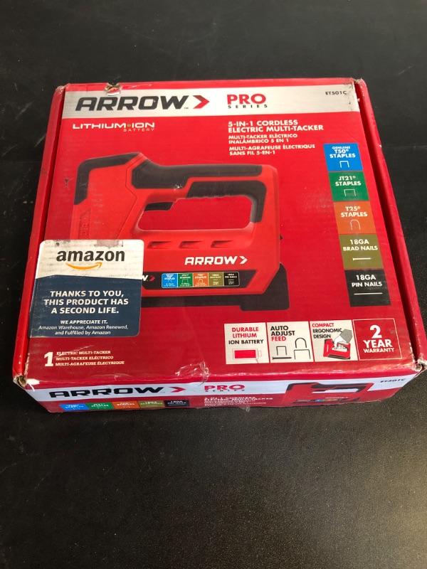 Photo 3 of Arrow ET501C Cordless 5-In-1 Professional Staple and Nail Gun, Battery Powered Wire Stapler and Brad Nailer for Upholstery, Framing, Roofing, Crafts, Fencing, Cable, Black/Red