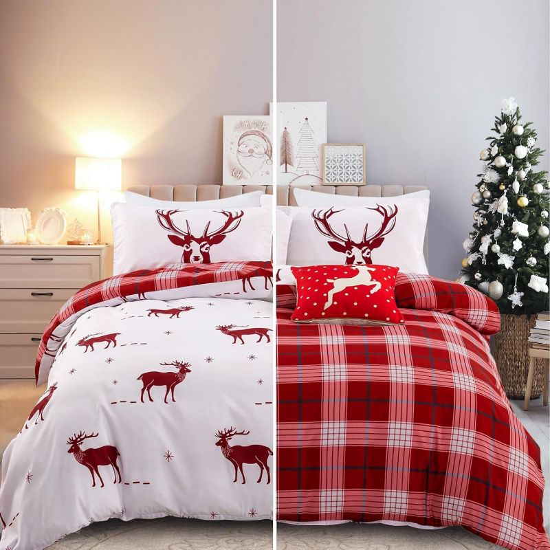 Photo 1 of Christmas Duvet Cover Set Twin, Reversible Reindeer Snowflake Pattern Duvet Cover with 1 Pillowcase Microfiber Festival Bedding Gifts with Zipper Closure Twin Size 68”X 86”