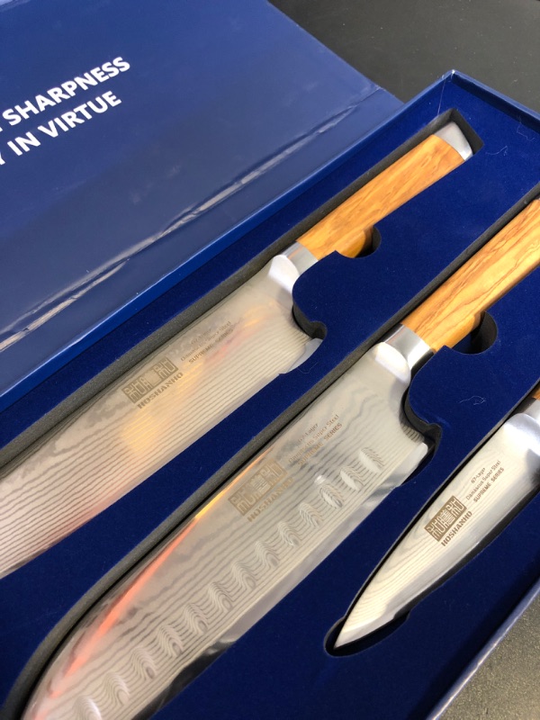 Photo 1 of HOSHANHO Damascus Kitchen Knife Set 3-Piece, Ultra Sharp 8" Chef Knife, 7" Santoku Knife, 3.75" Paring Knife, Professional VG-10 Damascus Super Steel Chef Knife Set with Ergonomic Handle