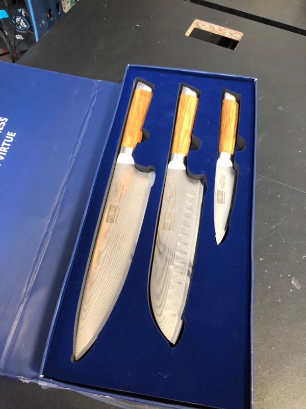 Photo 1 of HOSHANHO Damascus Kitchen Knife Set 3-Piece, Ultra Sharp 8" Chef Knife, 7" Santoku Knife, 3.75" Paring Knife, Professional VG-10 Damascus Super Steel Chef Knife Set with Ergonomic Handle