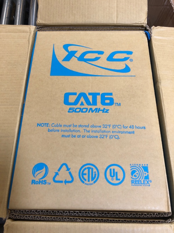 Photo 2 of ICC Cat6 Riser 1000ft - UTP 23AWG, 100% Solid Pure Copper, Unshielded CMR, Bulk Ethernet Cable, PoE++, 500MHz, Reelex Pull Box, UL Certified, RoHS and TAA Compliant, Blue